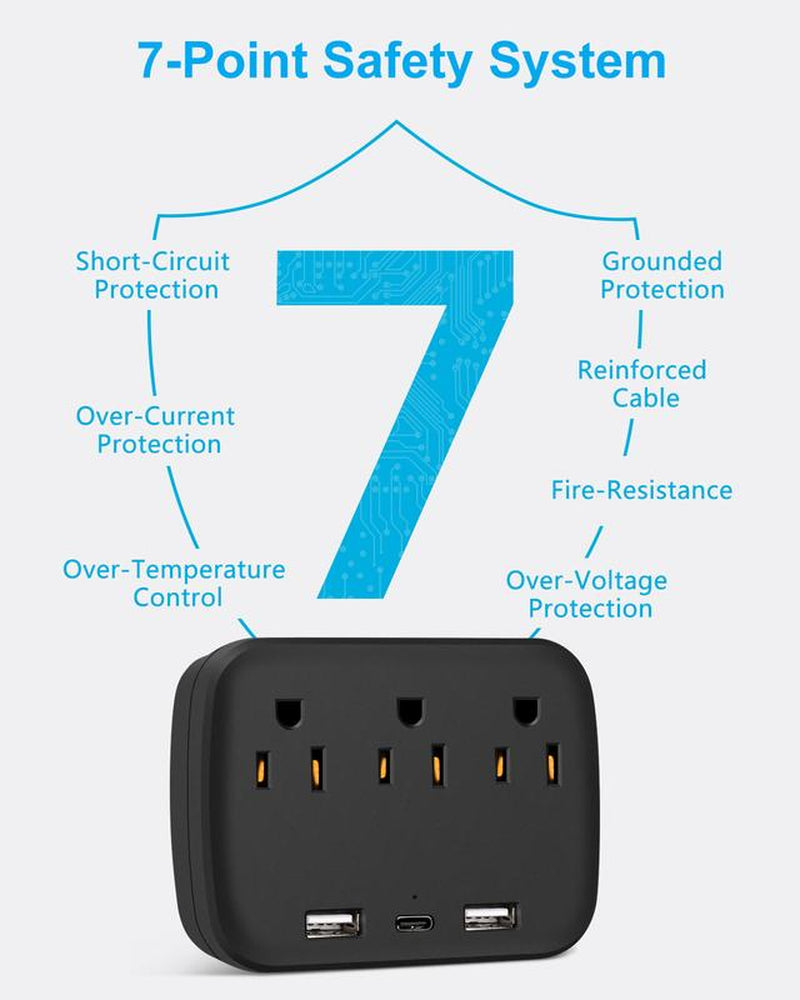 Cruise Ship Essentials - Cruise Approved Power Strip Non Surge Protector, Travel Plugs Adapter with 3 Outlets 2USB (1 USB-C) for Home Office Must Have