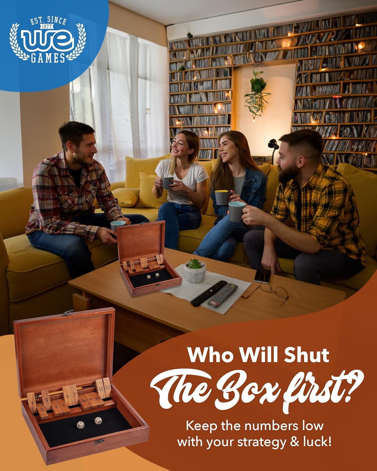 Shut the Box Game with 12 Numbers in an Old World Styled Wood Box with a Lid and a Brass Latch