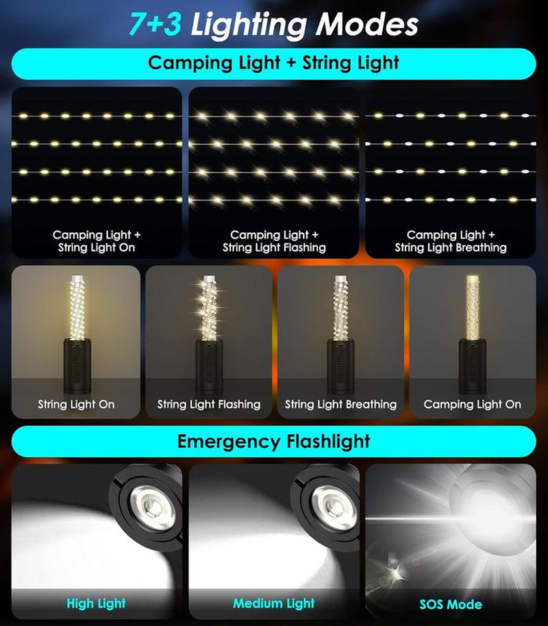 Camping Lantern String Lights - 10 Modes 33Ft Camping Lights with USB Rechargeable Battery