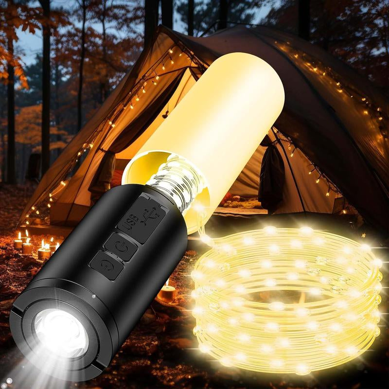 Camping Lantern String Lights - 10 Modes 33Ft Camping Lights with USB Rechargeable Battery