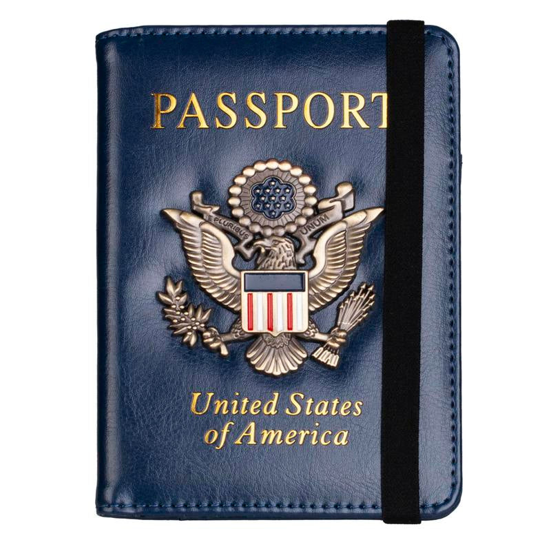 Passport Holder RFID Blocking Wallet Travel Leather Passport Cover for Women Men Waterproof Passport Wallets Must Haves 3D Metal Badge Travel Organizer Accessories Blue Multifunctional Passport Holders & Covers