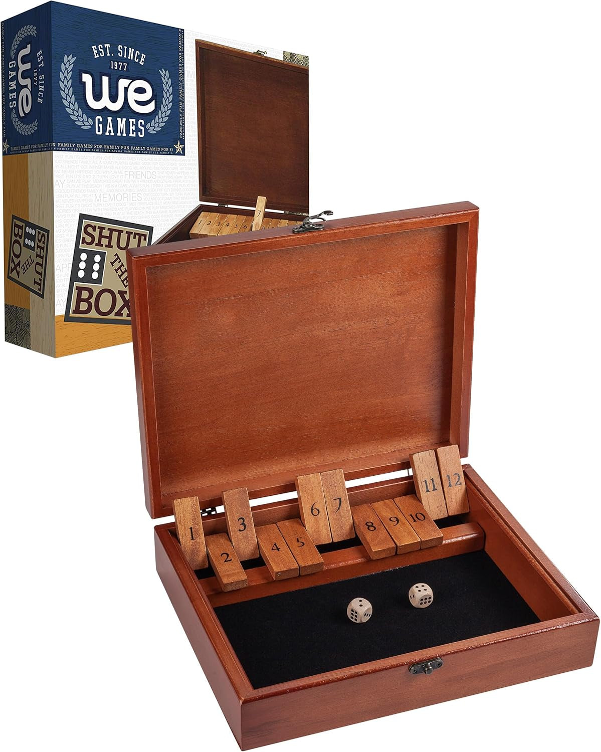 Shut the Box Game with 12 Numbers in an Old World Styled Wood Box with a Lid and a Brass Latch