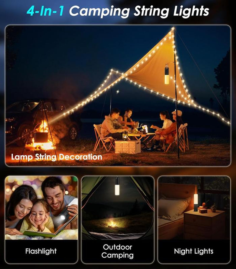 Camping Lantern String Lights - 10 Modes 33Ft Camping Lights with USB Rechargeable Battery