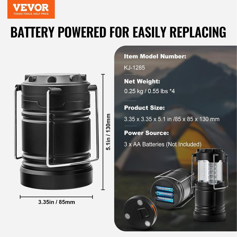 VEVOR LED Camping Lanterns, 4 Pack, Magnetic Base, Battery Powered Lights, Lightweight Hanging Collapsible Lights, Ideal for Outdoor Camping Hiking, Emergency Survival Lights for Hurricane, Black